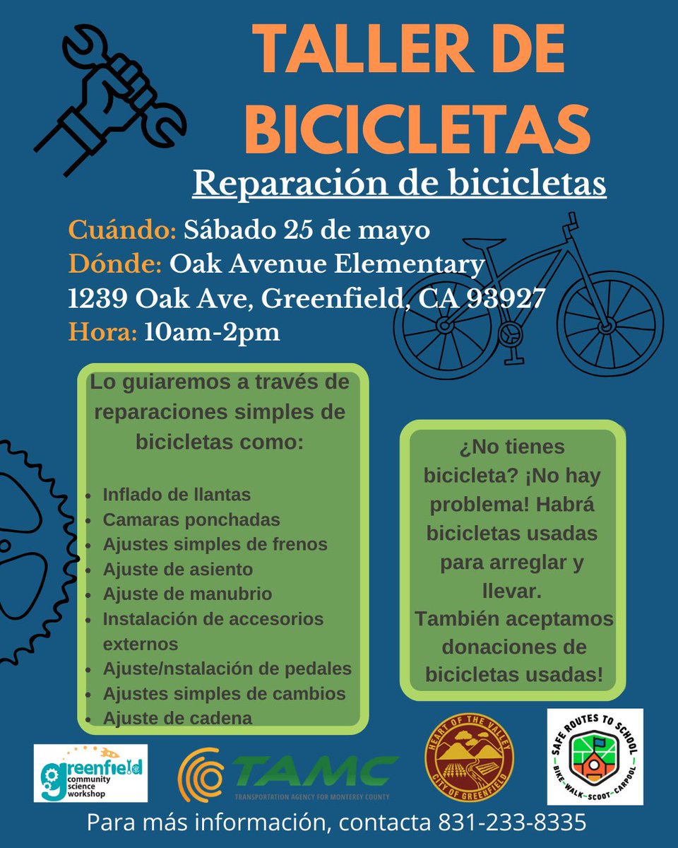 📢🌿 ¡El Taller de Ciencias llevará a cabo nuestro cuarto Taller de Reparación 🏥 de Bicicletas del año el sábado 25 de mayo (05/25/24) en la Escuela Primaria Oak Avenue en Greenfield 🍃! Afinación para tu bicicleta actual bike 🚲 o ven a encontrar la bicicleta perfecta! 🛠️🤟