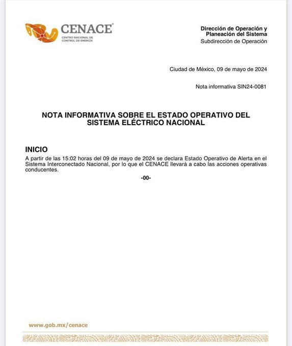 #ÚltimaHora | Por tercer día consecutivo, @CenaceMexico declara Estado Operativo de Alerta en el Sistema Interconectado Nacional