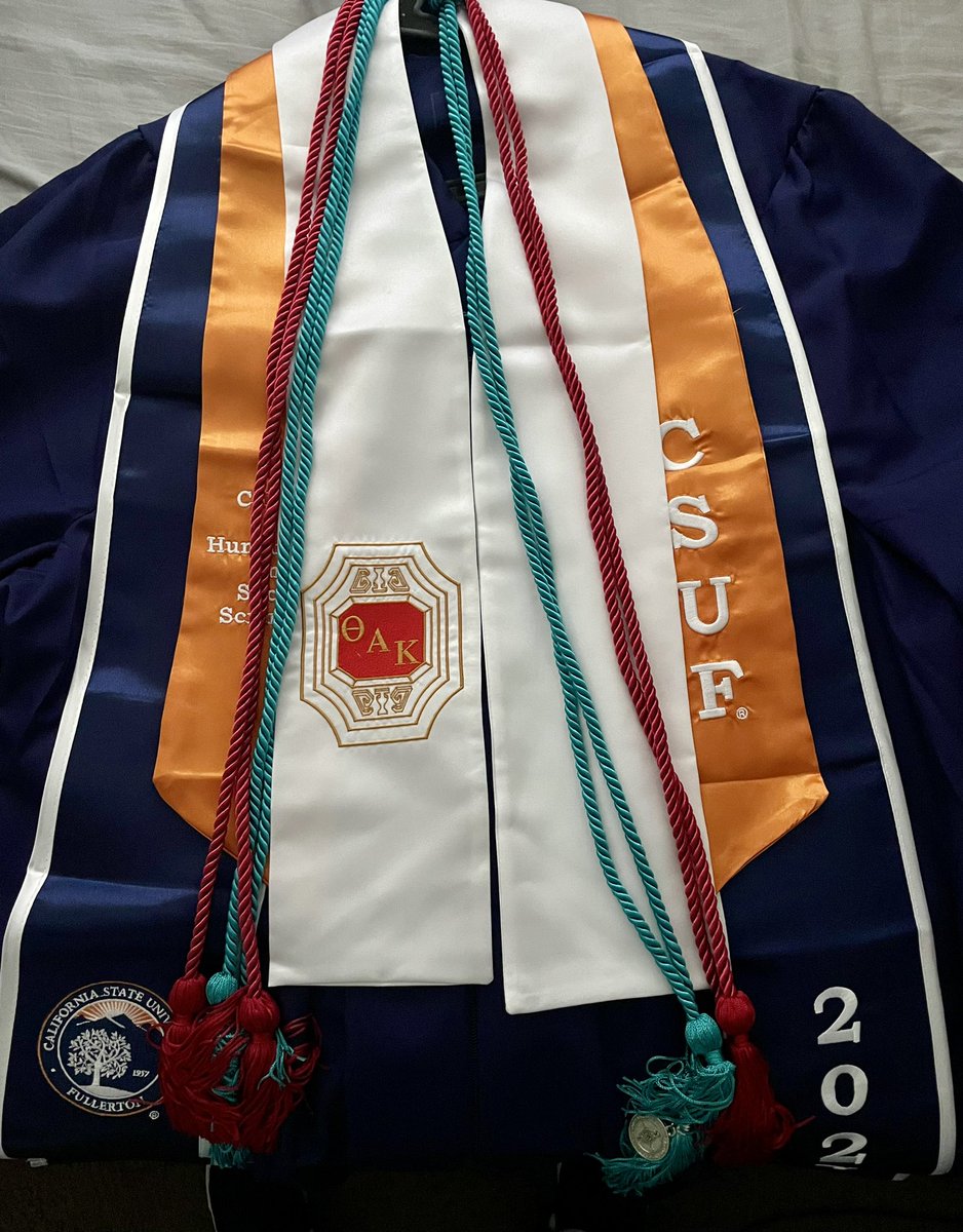 Missing a few sashes and my medal 🎖️ for honors 

Red = RLST honors society 
Turquoise = SOCI honors society