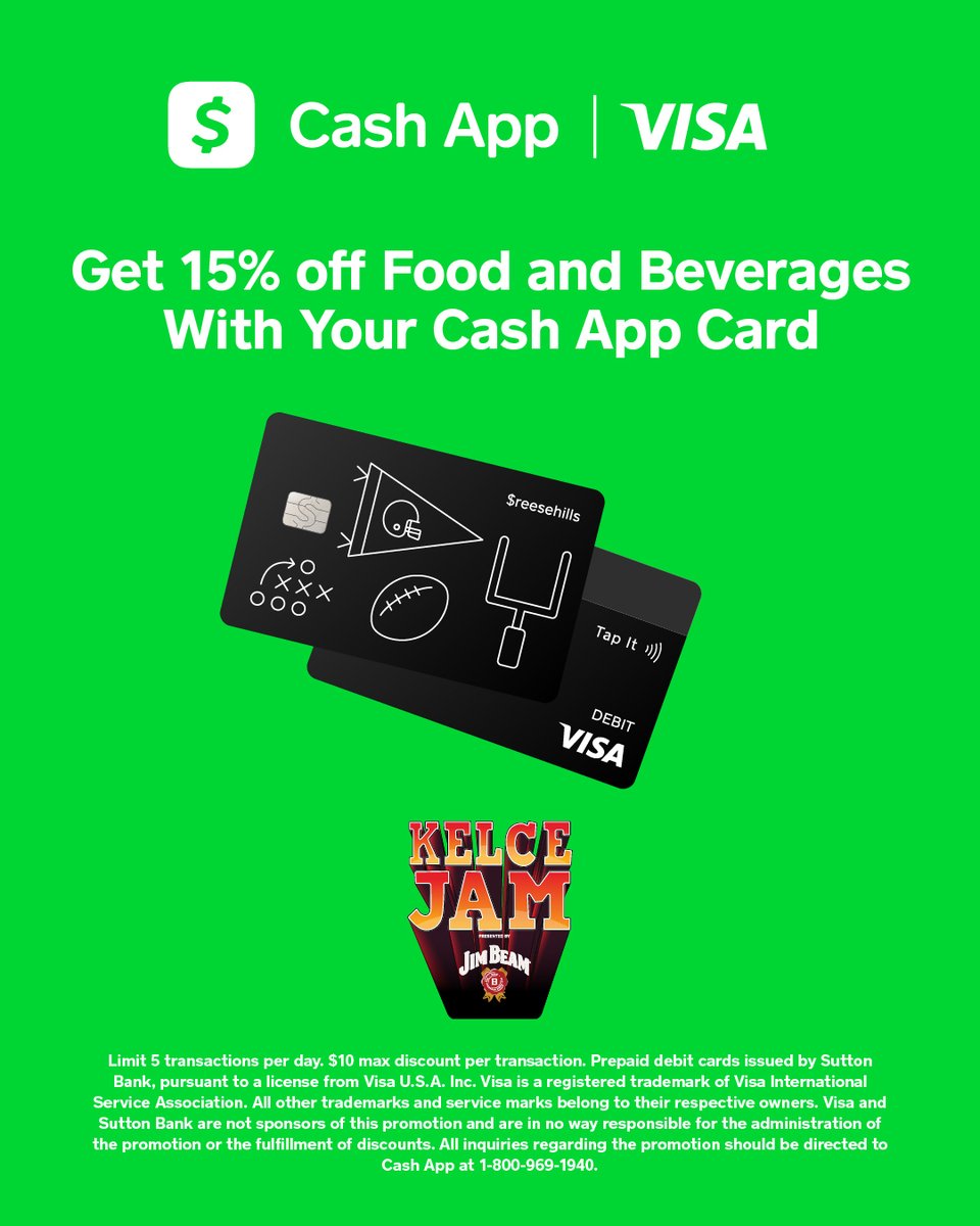 Paying with @CashApp at #KelceJam has its perks! 🤑 💳 Cash App Card Holders will enjoy 15% off food and beverage purchases at the festival. It’s a win-win situation—save money and savor every bite and sip all night long! Cash App Visa prepaid debit cards issued by Sutton Bank.