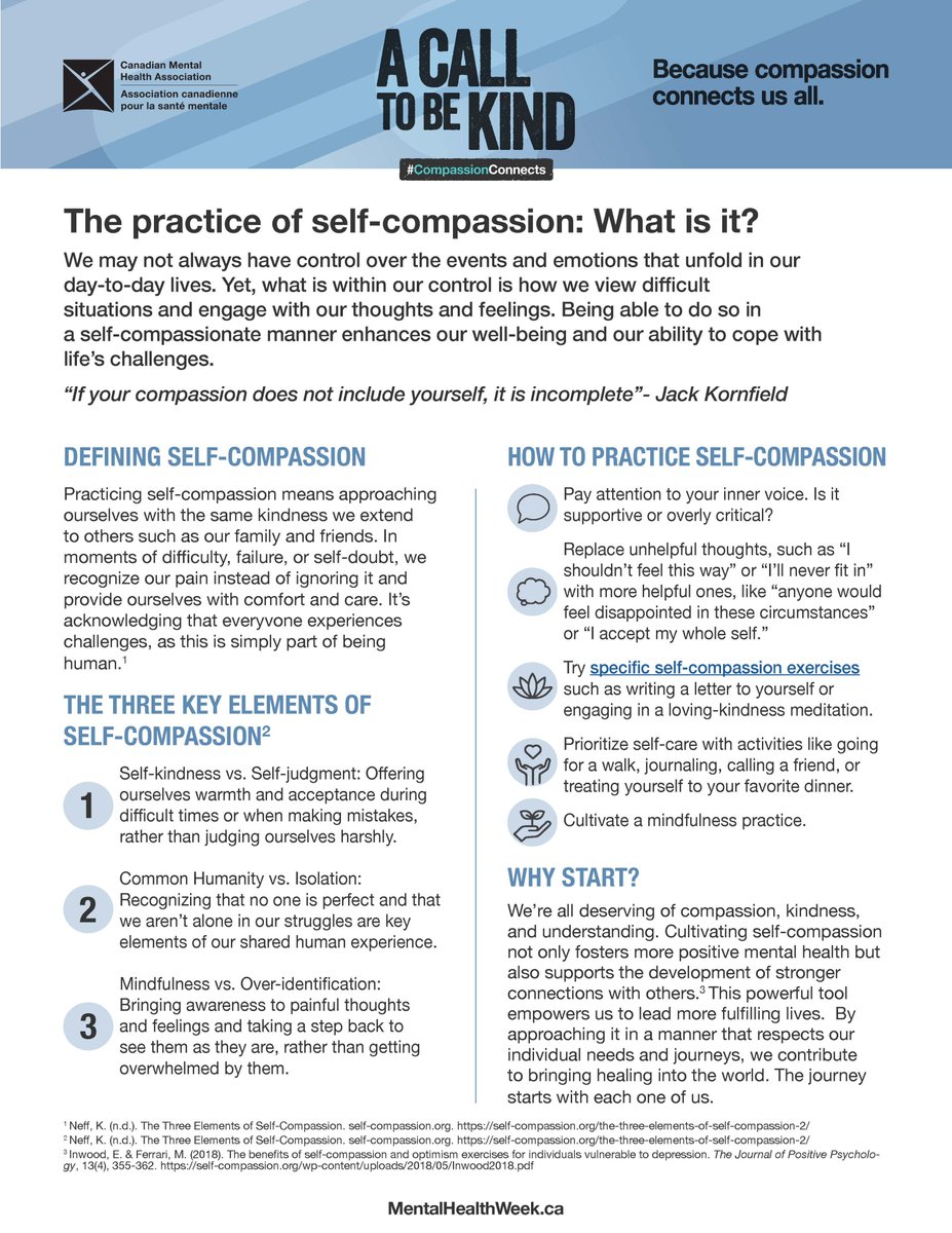 It starts within: Being kind to ourselves is a key component of positive #MentalHealth. For #MentalHealthWeek, organizers @CMHA_NTL are sharing this great resource on how to practice self-compassion & why it’s important. 👇