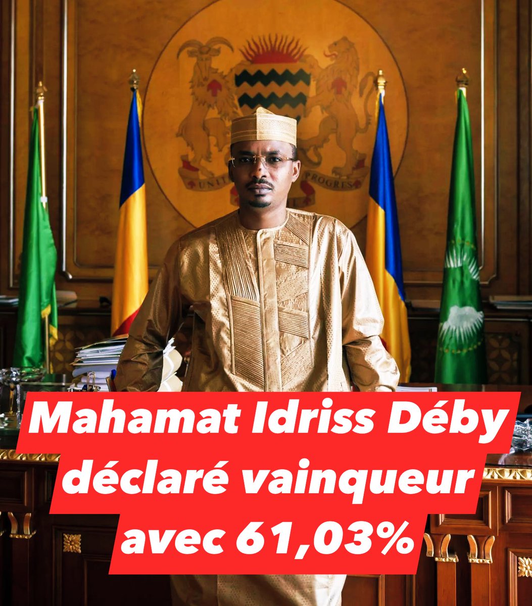 🚨🇹🇩#Tchad : le général Mahamat Idriss Déby Itno déclaré vainqueur de la présidentielle avec 61,03% des suffrages, selon les résultats officiels provisoires de la commission électorale.