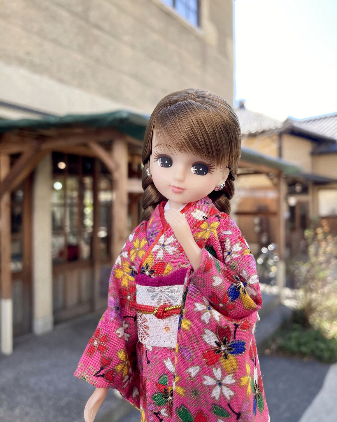 リカちゃんの着物 ＊10＊ オレンジ色の地にお花 振袖 - 洋服