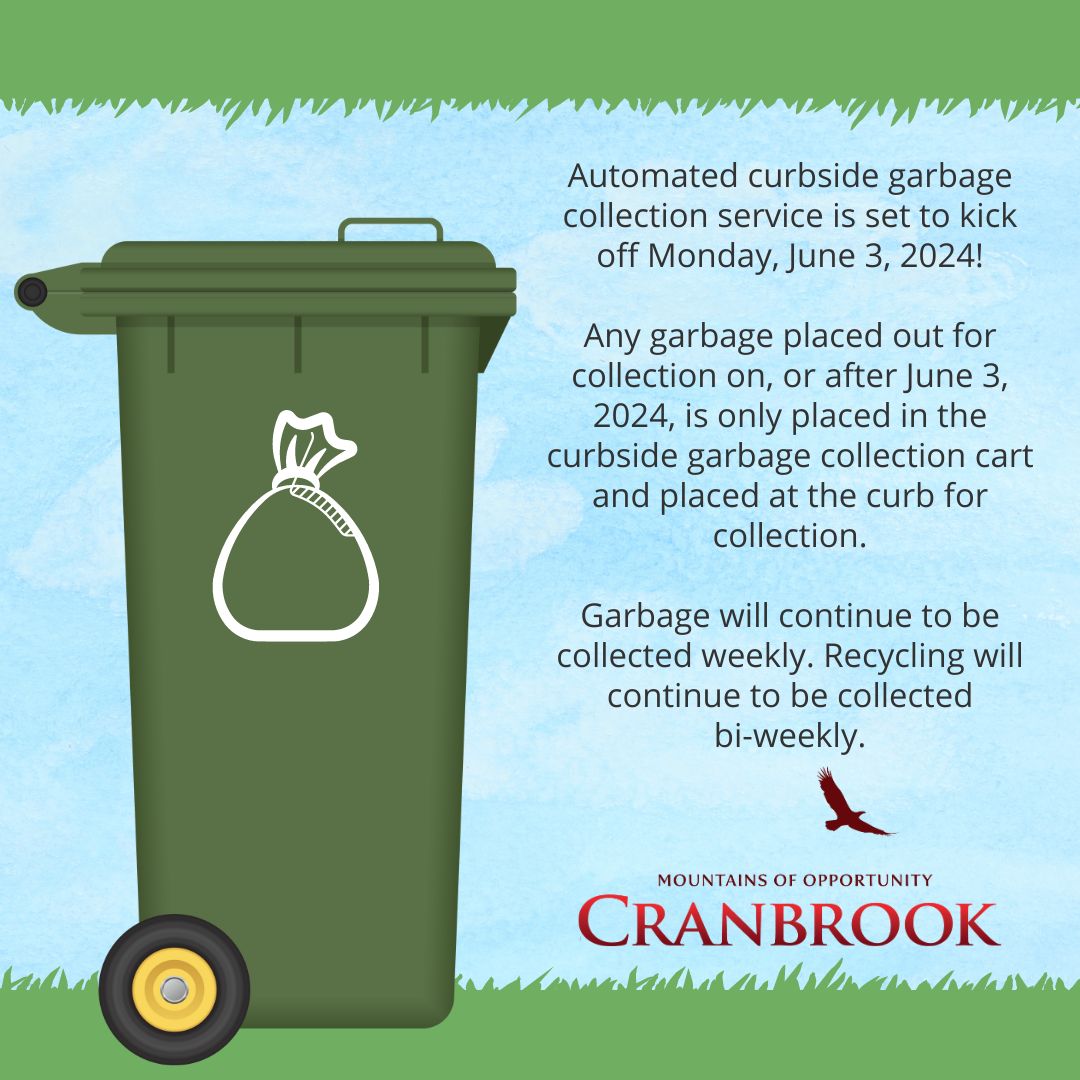 We will officially start residential curbside automated garbage collection services on Monday, June 3, 2024. Garbage will continue to be collected weekly. If you have not received a cart by Monday, May 27, 2024, please notify the City via 311. ow.ly/4ecP50RgmE7 #Cranbrook