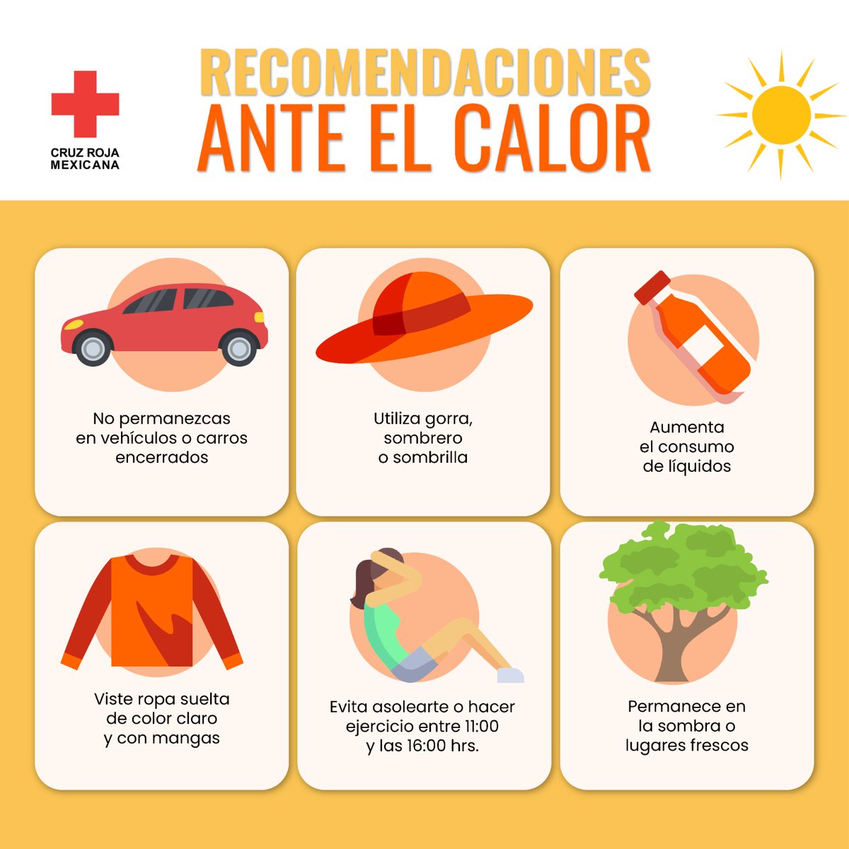 De acuerdo con @CNPC_MX, las #OndasDeCalor ☀️ continuarán en gran parte de la República Mexicana. Te compartimos algunas recomendaciones para evitar agotamiento de calor o #GolpeDeCalor. ¡Prevenir es vivir!
