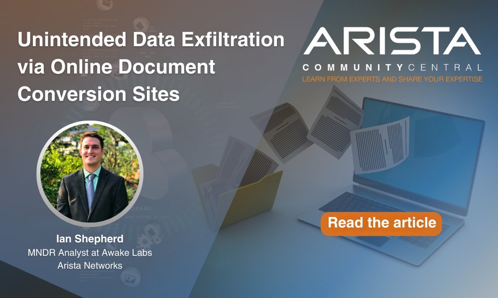 Online file conversion tools can be a vector for #dataexfiltration and should be monitored for policy violations. Learn how Arista's Awake Labs team hunts for the activity: bit.ly/4dqCGpf Follow @AristaSecurity to learn more #CommunityCentral #NDR #malicioussiteshunting