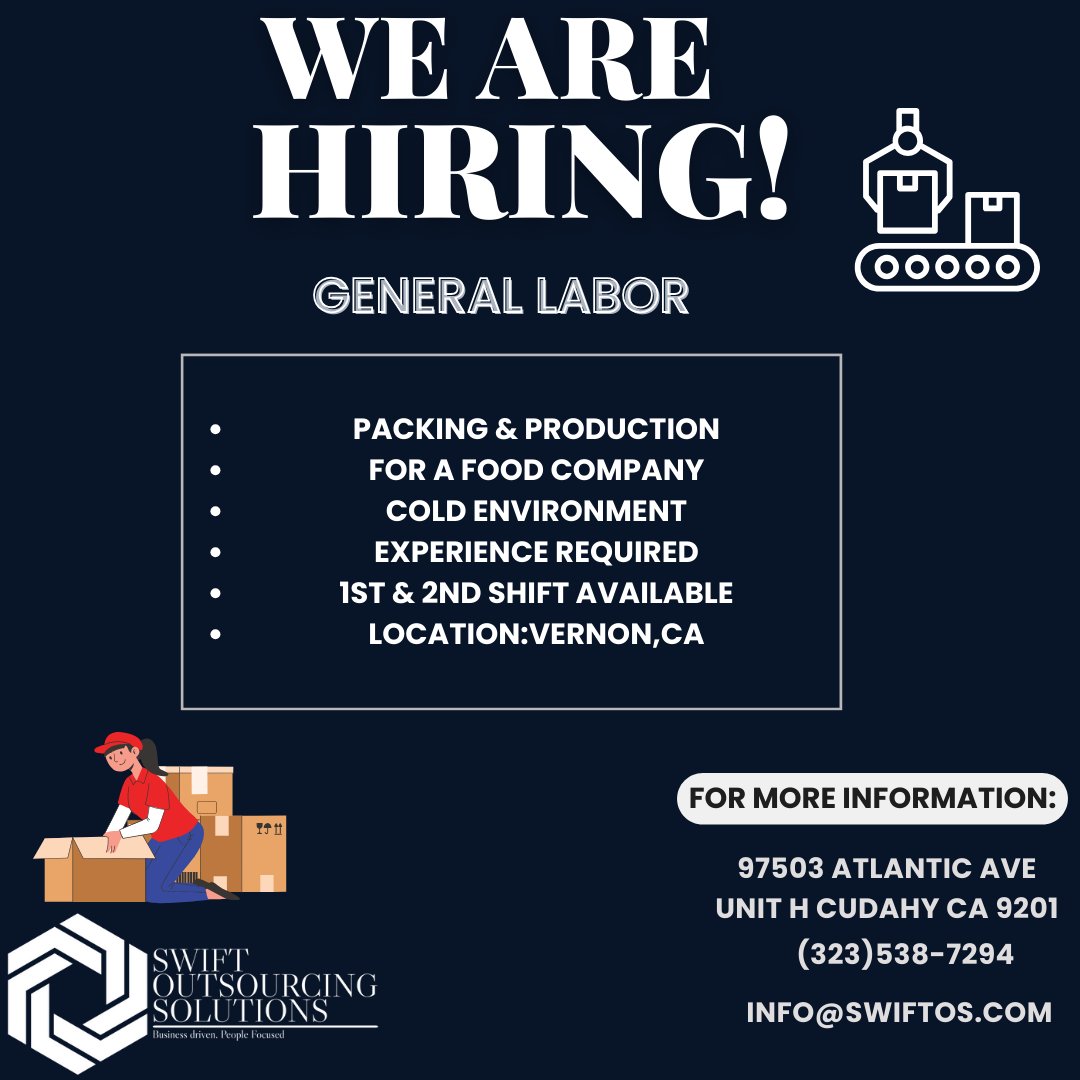 WE ARE HIRING FOR GENERAL LABOR! 
#APPLYNOW #WEAREHIRING #SOS #SWIFTOUTSOURCINGSOLUTIONS #JOBSAVAILABLE #STAFFINGAGENCY #LOSANGELES