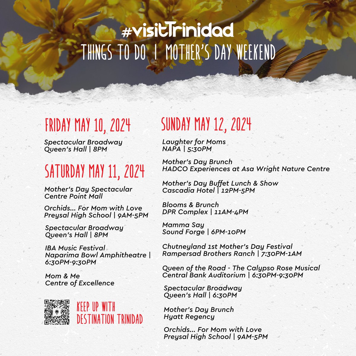 From concerts to brunches - celebrate Mother’s Day this weekend in Trinidad with one of our many experiences across the island. #visitTrinidad