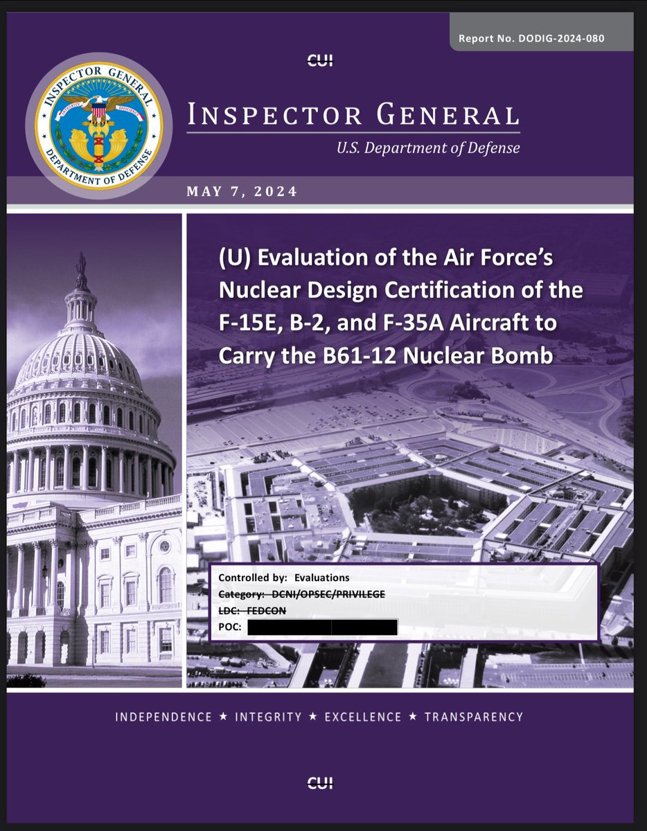 Interesting report from DOD Inspector General on integration of the new B61-12 guided nuclear bomb on bombers/fighters. Includes helpful description of nuke certification process. dodig.mil/reports.html/A… I’ve heard that the B61-12 is not yet in Europe but shipping soon.