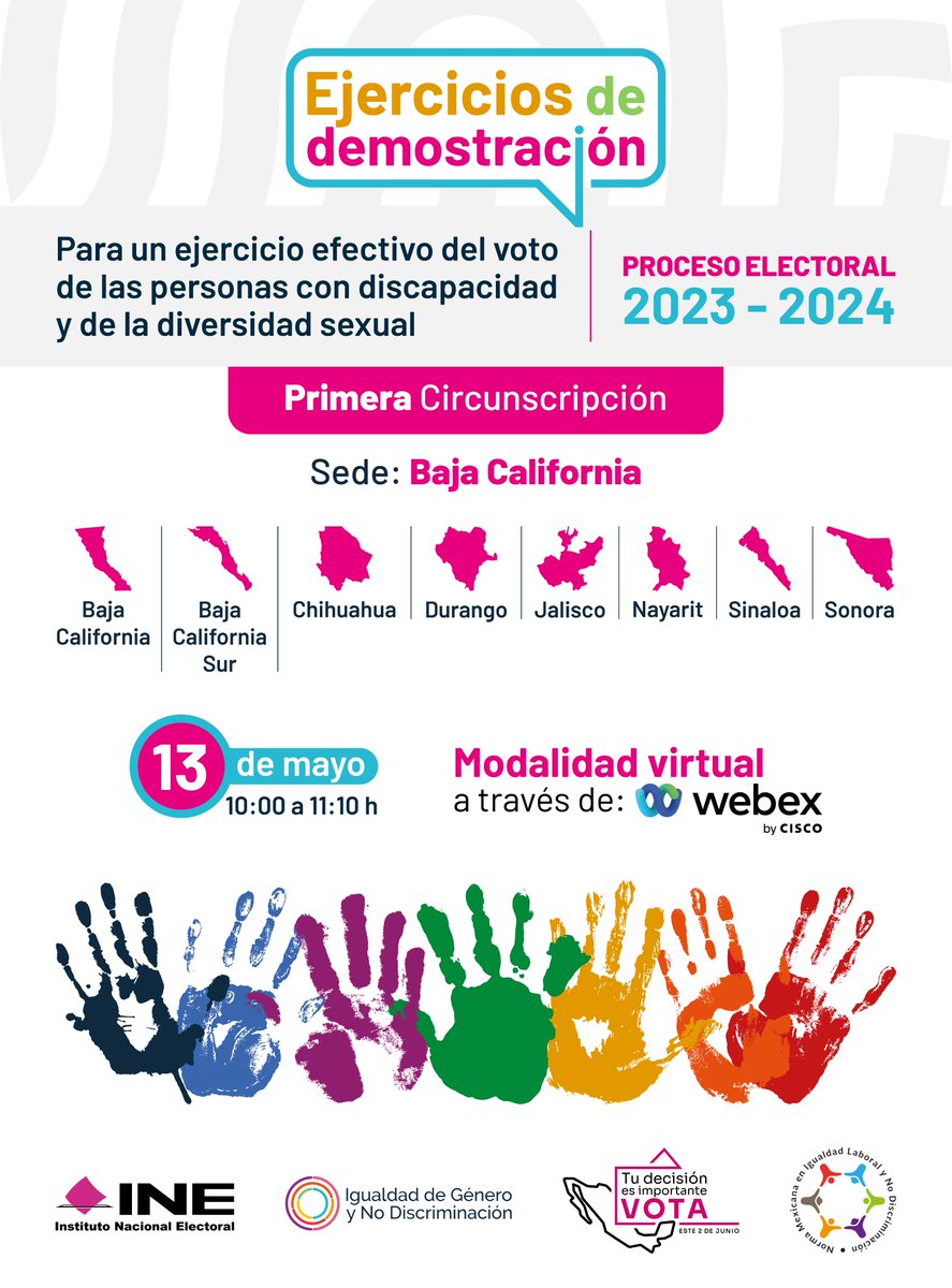 📺El @INEMexico te invita a las mesas de diálogo 'Para un ejercicio efectivo del voto de las personas con discapacidad y de la diversidad sexual'. Evento en la Primera Circunscripción: ⏰13/MAY - 10:00 ▶️ tinyurl.com/4dthjubz