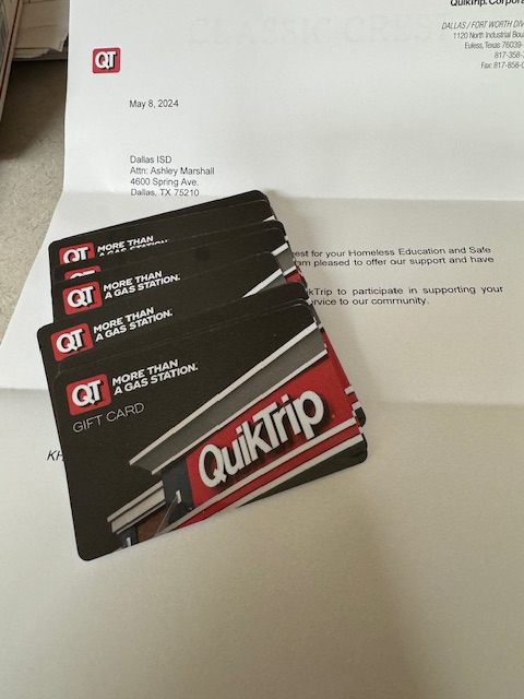 Thanks to <a href="/quicktrip/">QUICKTRIP</a> for the donation of #giftcards to help our youth get a #hotmeal in one of your stores or #gas to get to <a href="/dallasschools/">Dallas ISD</a> We appreciate your generosity.  #homeless #homelessyouth