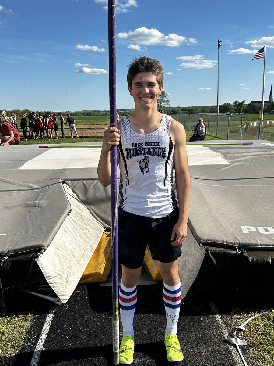 Trevor Christensen breaks the school record in pole vault, vaulting 14’6”, and is a league champion!