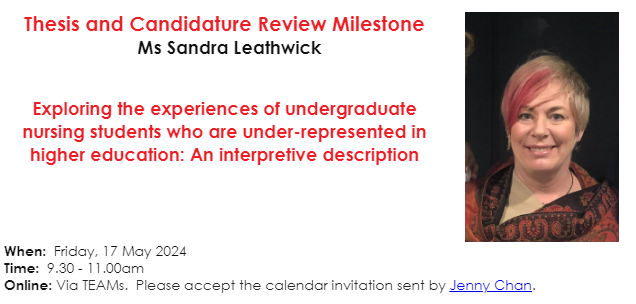 📢 Presentation Alert 📢 Tune in 💻 to Ms Leathwick deliver her milestone seminar: Exploring the experiences of undergraduate nursing students who are under-represented in higher education. 📅 17th May 9:30-11am 📩 RSVP: email j.chan@griffith.edu.au @TowerMarion @MelissaJBloomer