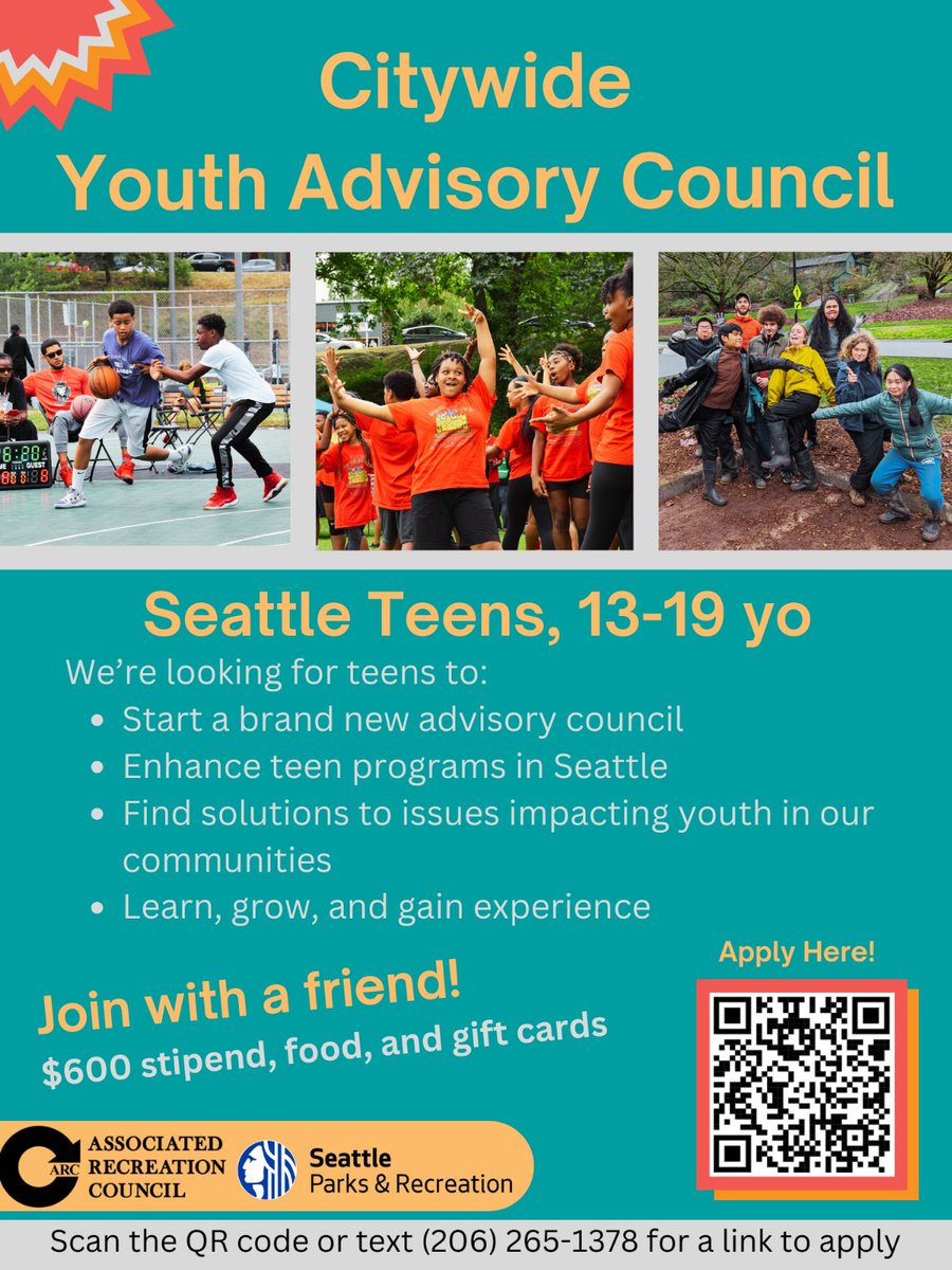 Seattle teens, 13 - 19 years old, do you want to make a positive impact on your city?! Apply by May 15 to join a youth-led Citywide Advisory Council! ✔️ $300 stipend paid every six months ($600/year) ✔️ Volunteer Service Hours toward H.S. graduation arcseattle.org/youthac