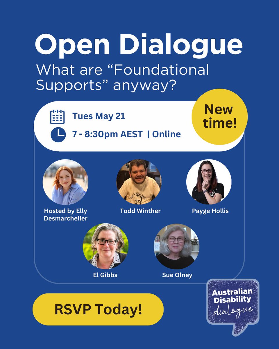 New date! Disability Rights Advocate @EDesmarchelier, is hosting an online event ‘What are Foundational Supports Anyway’. This will now be on Tuesday May 21, 7pm - 8.30pm (AEST). Register here: events.humanitix.com/open-dialogue-…. It will be a fun and informative event, all are welcome!