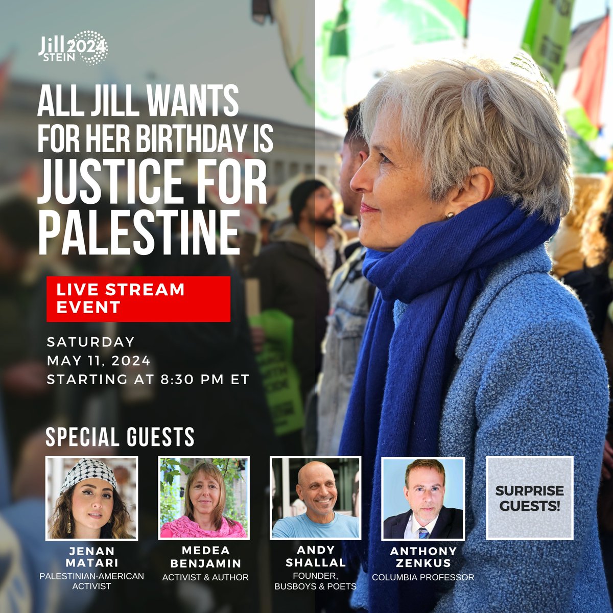 Join me Saturday with Jenan Matari, Medea Benjamin, Andy Shallal, Anthony Zenkus and more to power up our fight to make sure every voter in every state has an anti-genocide choice on their ballot!

RSVP and spread the word! jillstein2024.com/birthdayevent