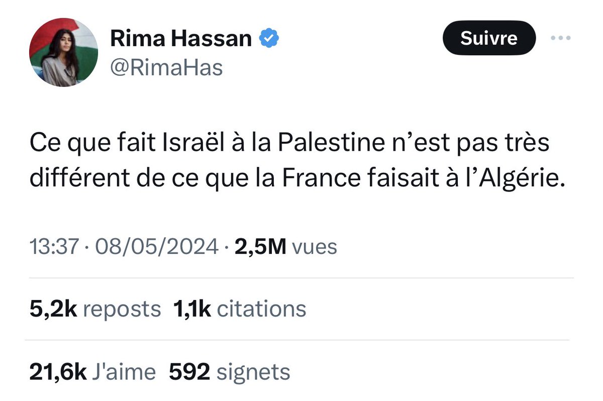 Après avoir évoqué des ressemblances entre la colonisation de la Palestine 🇵🇸 et de l’Algérie 🇩🇿, Rima Hassan est prise pour cible.

Pourtant, nombreuses sont les similitudes :

• 𝗖𝗼𝗹𝗼𝗻𝗶𝘀𝗮𝘁𝗶𝗼𝗻.

• 𝗠𝗮𝘀𝘀𝗮𝗰𝗿𝗲 𝗱𝗲 𝗰𝗶𝘃𝗶𝗹𝘀 𝗲𝗻 𝗺𝗮𝘀𝘀𝗲.

•…