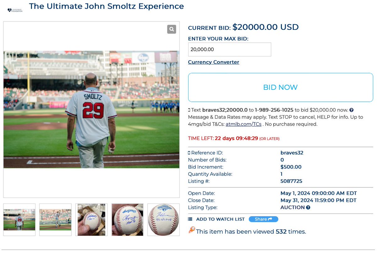 Currently for bid on #Braves' auction site is The Ultimate John Smoltz Experience, with a starting bid of $20,000. It includes some signed baseballs ... and you paying to get smoked by Smoltz and his +1.5 handicap on the golf course. Spend wisely.