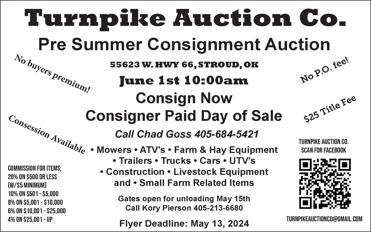 CONSIGN TODAY!!! Give Chad at Turnpike Auction Company a Call at 405-684-5421

#auctioncalendar #printedinoklahoma #oklahomaowned #consignmentauction #TheRightChoice #consignment #turnpikeauctionco