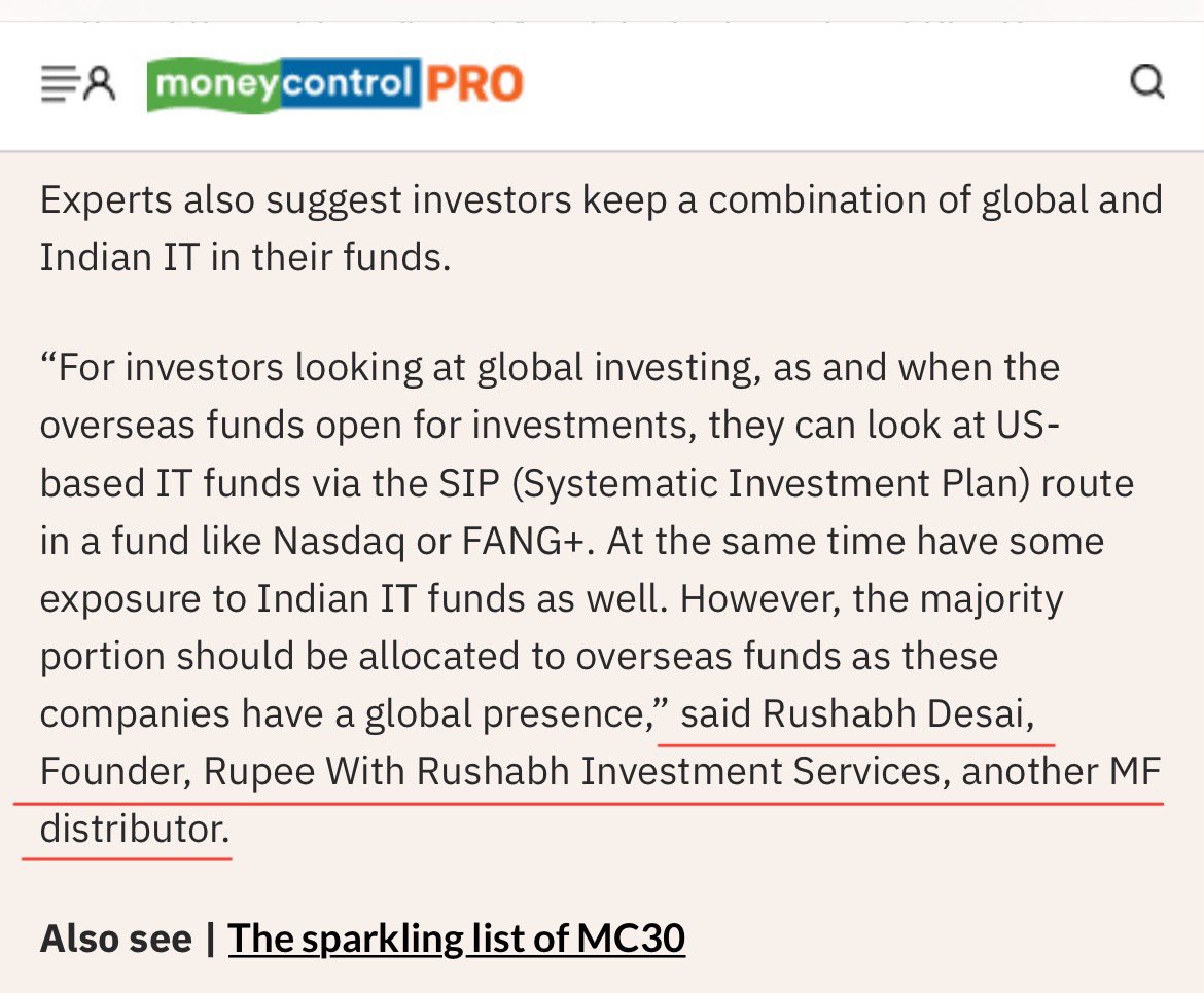 Contributed my views in @moneycontrolcom US-focused IT mutual funds lead Indian sectoral peers, but investors have few options Link - moneycontrol.com/news/business/… Many thanks @Abhinavkaul