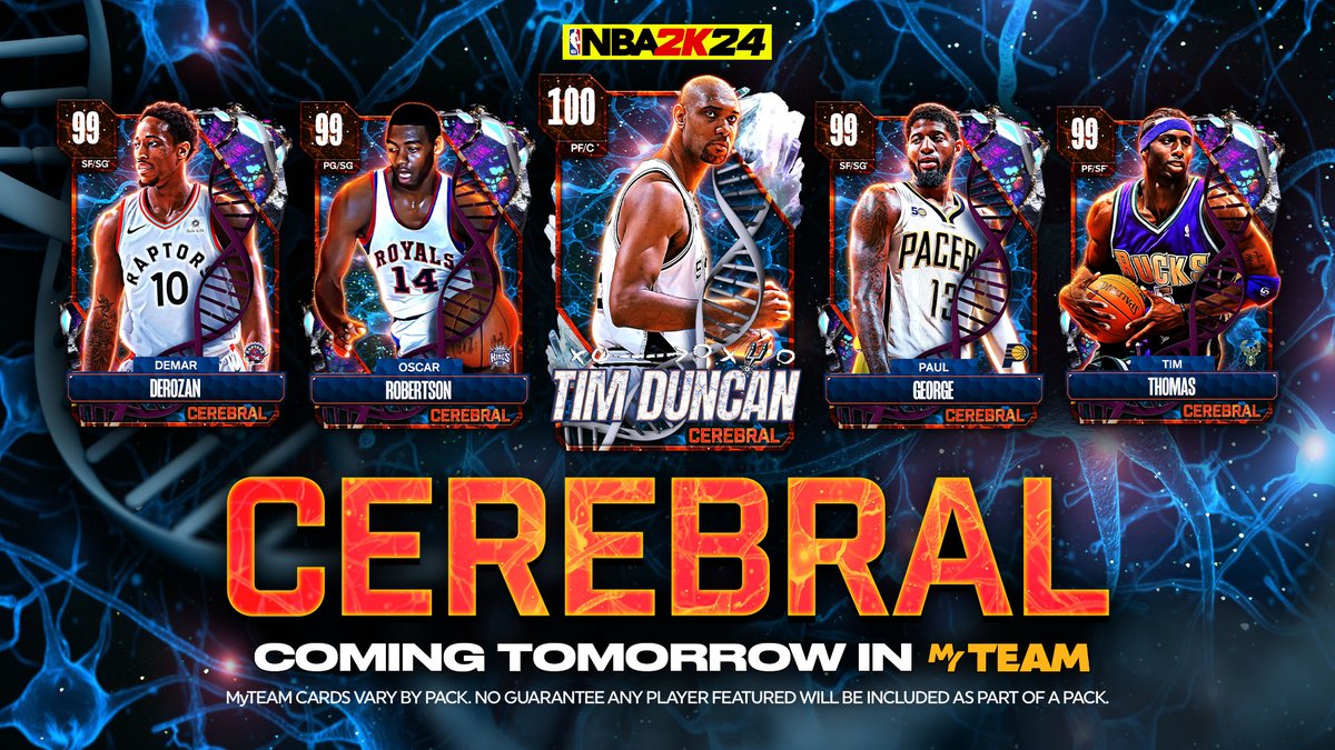 Cerebral is coming tomorrow to MyTEAM 🧠 Learn more in the MyTEAM Playbook: nba.2k.com/2k24/myteam/se… Look for these players and more: 💯 OVR Tim Duncan 💭 Dark Matter Paul George 💭 Dark Matter Oscar Robertson 💭 Dark Matter DeMar DeRozan 💭 Dark Matter Tim Thomas