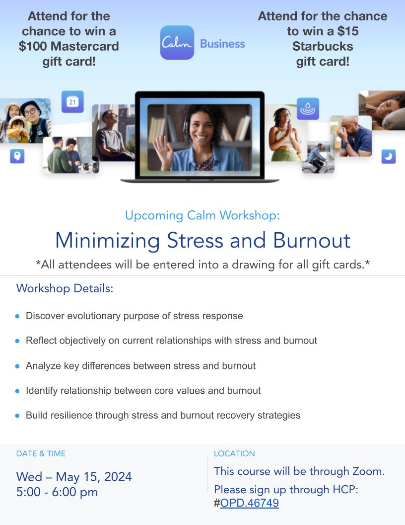 Join our 'Minimizing Stress and Burnout' workshop on May 15, 5-6 PM via Zoom. Learn key differences between stress & burnout, build resilience, and more. Plus, win a $100 Mastercard or $15 Starbucks gift card! Register now: bit.ly/3QBxlRS #StressManagement #Wellness