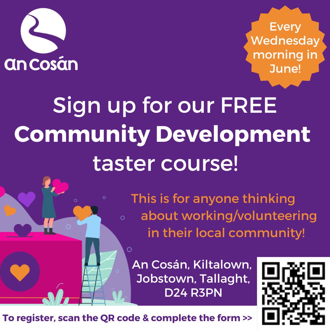 We will be running a #CommunityDevelopment taster course in our #Tallaght #CommunityEd centre every Wed morning in June for anyone thinking about working/volunteering in their local community. Please spread the word! Register here >> lnkd.in/ePG6MZXT #LifelongLearning