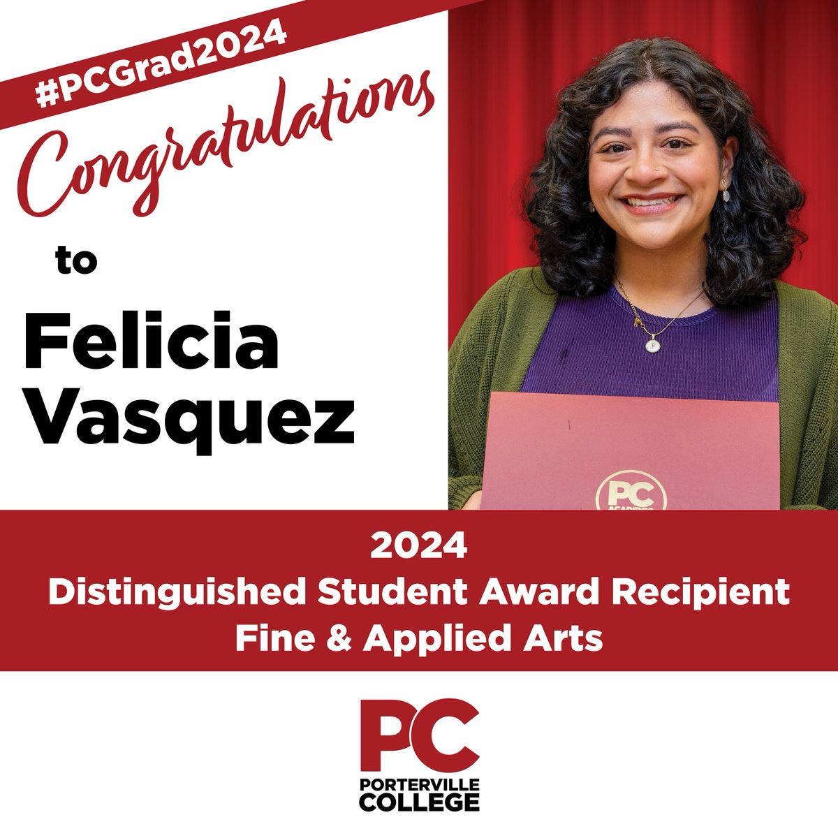 Congratulations to Felicia Vasquez -- 2024 Distinguished Student Award Recipient in Fine & Applied Arts! #PCGrad2024 #PCStudentSuccess