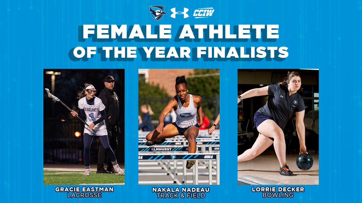 Introducing the finalists for the 2023-24 Female Athlete of the Year!🏆 🥍Gracie Eastman, @elmhurstu_wlax 🏃‍♀️Nakala Nadeau, @elmhurstu_xctf 🎳Lorrie Decker, @elmhurstu_bowl #FlyJaysFly