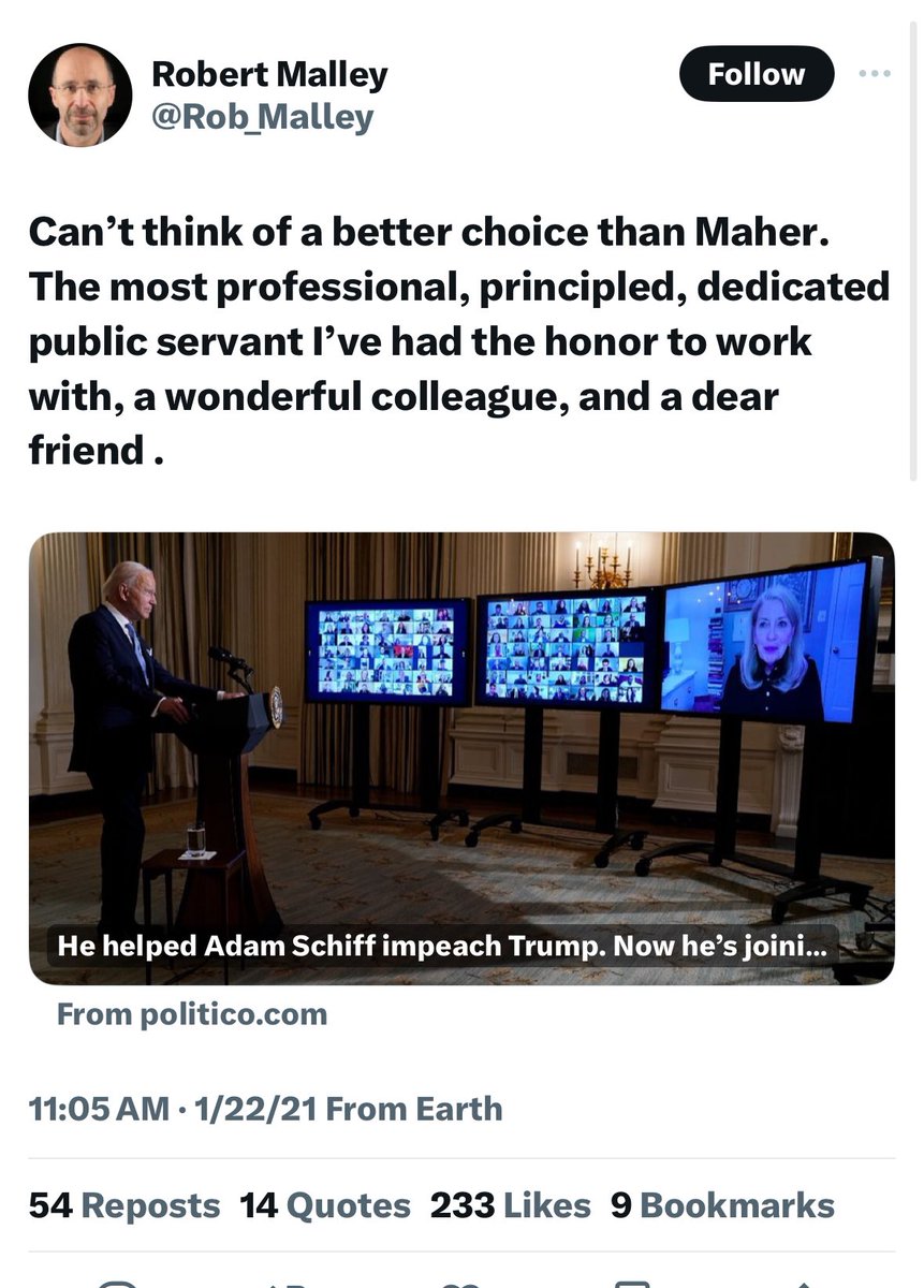 Who is actually making decisions in the Biden WH? Here was Robert Malley praising Bitar’s appointment. The same Robert Malley that is currently under FBI investigation and had his security clearance revoked.