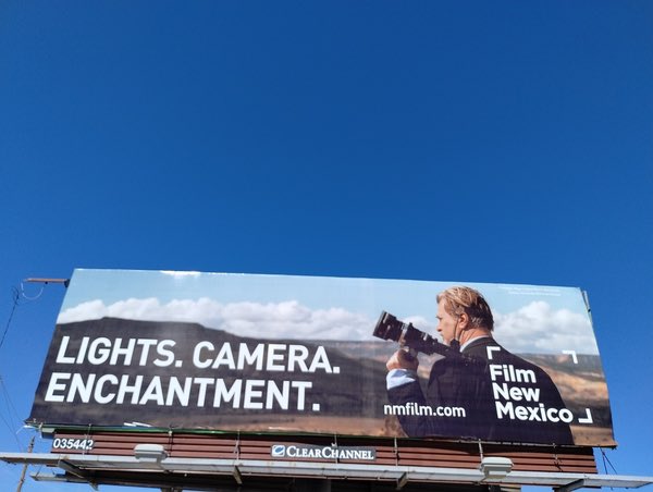 Spot the “Best Director” 🏆 in the Land of Enchantment! This billboard highlights Christopher Nolan filming “Oppenheimer” right here in New Mexico. Catch a glimpse of filmmaking magic and learn more about the #NMFilm industry by clicking nmfilm.com