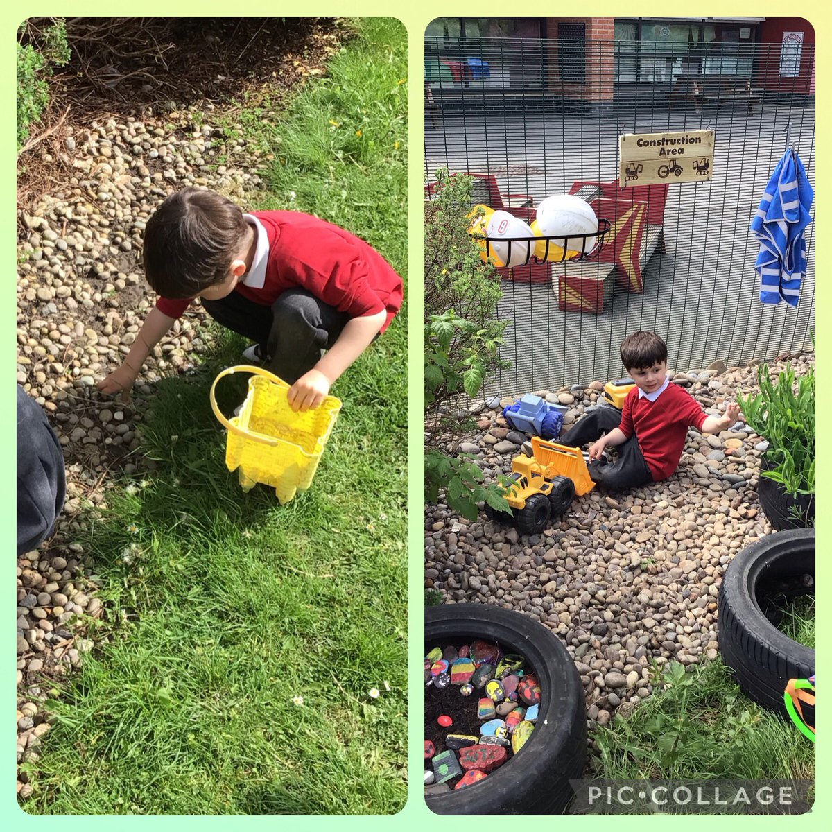 This little one enjoyed transporting the pebbles from our garden to replenish the pebbles in our construction area. Keep up the hard work young man! 😊 @eyfsMrsWest