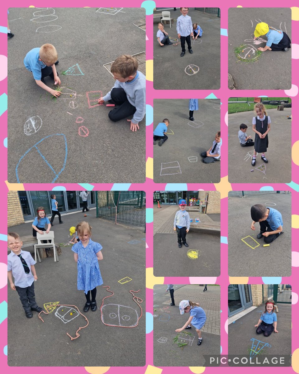 We were creating symmetrical faces during Outdoor Learning today! 😃 Firstly, we drew a 2D shape and then split it into 2 equal parts. We used chalk and various materials from the playground to create the face. #maths #Numeracy #fractions #art #outdoorlearning @GarnockCampus