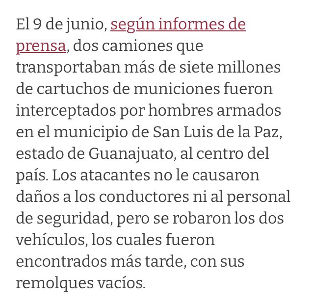 Otro robo sin precedentes

Un grupo armado robó dos camiones que transportaban más de 7 MILLONES DE MUNICIONES.  La Guardia Nacional y personal de la Secretaría de la Defensa Nacional (Sedena) montaron un operativo en el que encontraron ambos vehículos, pero no su cargamento.