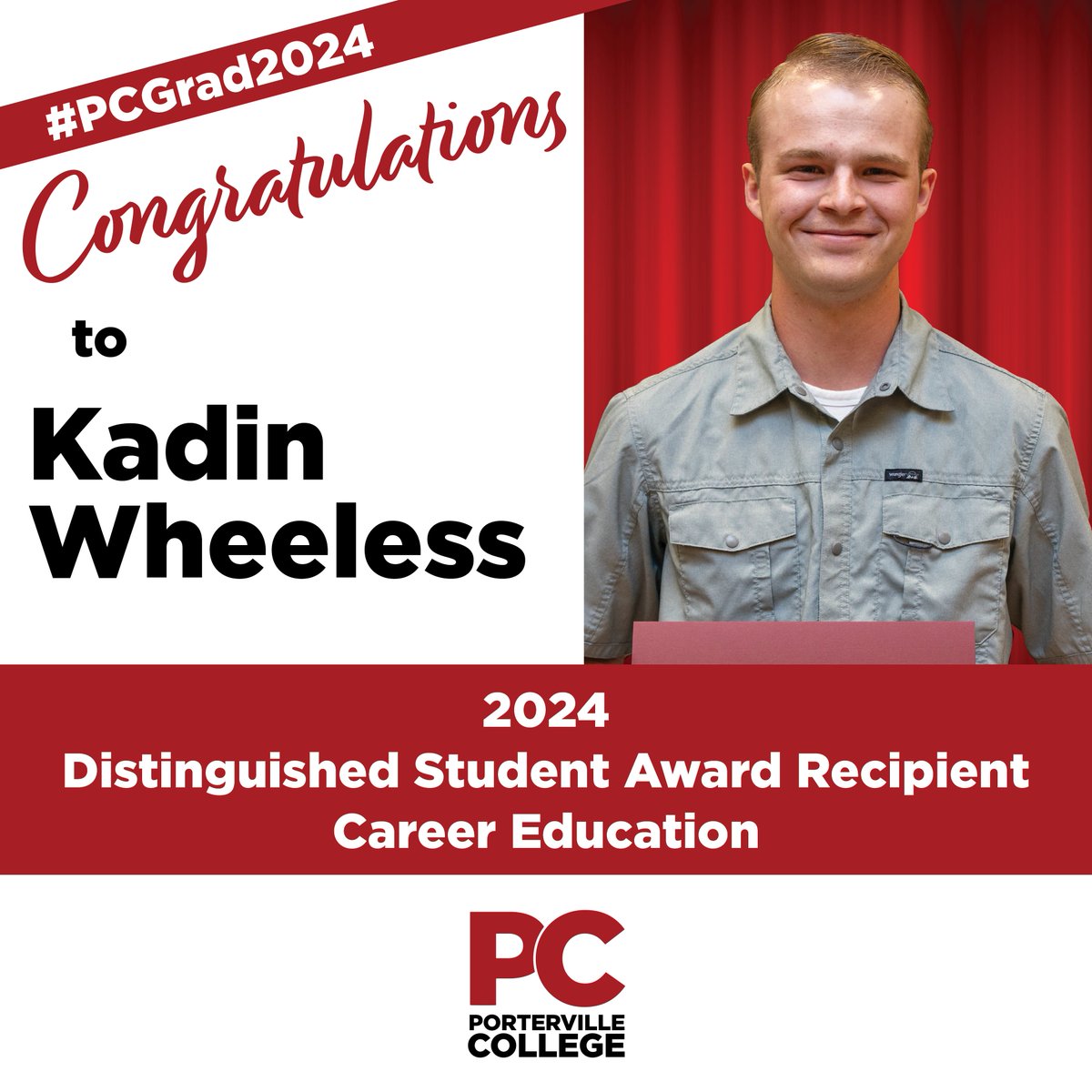 Congratulations to Kadin Wheeless -- 2024 Distinguished Student Award Recipient in Career Education! #PCGrad2024 #PCStudentSuccess