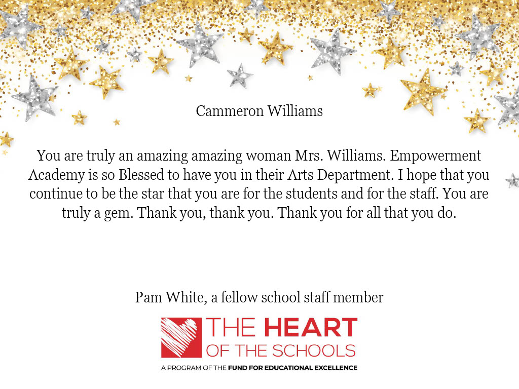 It's #teacherappreciationweek &we're featuring some of the #heartoftheschools Share Some Love notes the @baltcityschools community has shared so far! Up next is a message for @EmpowerAcad262 teacher, Ms. Williams! Send a heartfelt message of your own here: bit.ly/2yfalms