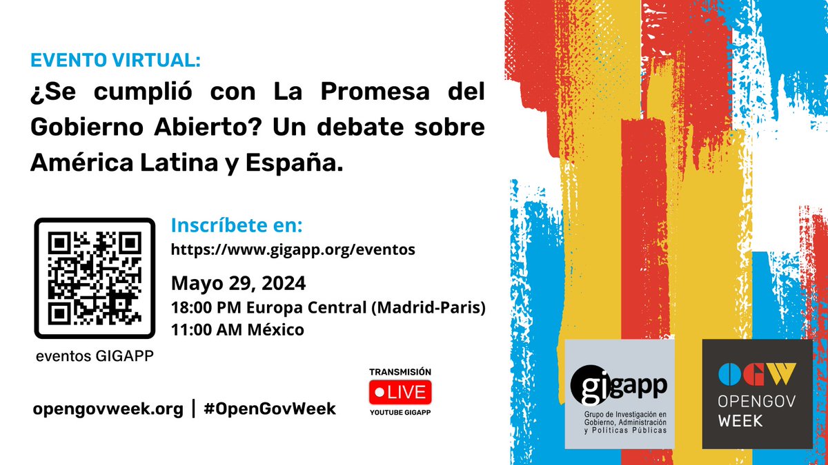 🚩🧷Este 29 mayo te invitamos a participar en este evento virtual #GIGAPP2024 #OGW #opengov: '¿Se cumplió la promesa del #gobiernoabierto? Un Debate España y América Latina' gigapp.org/eventos Reserva y obtén un certficado de participación cc @opengovpart #pásalo