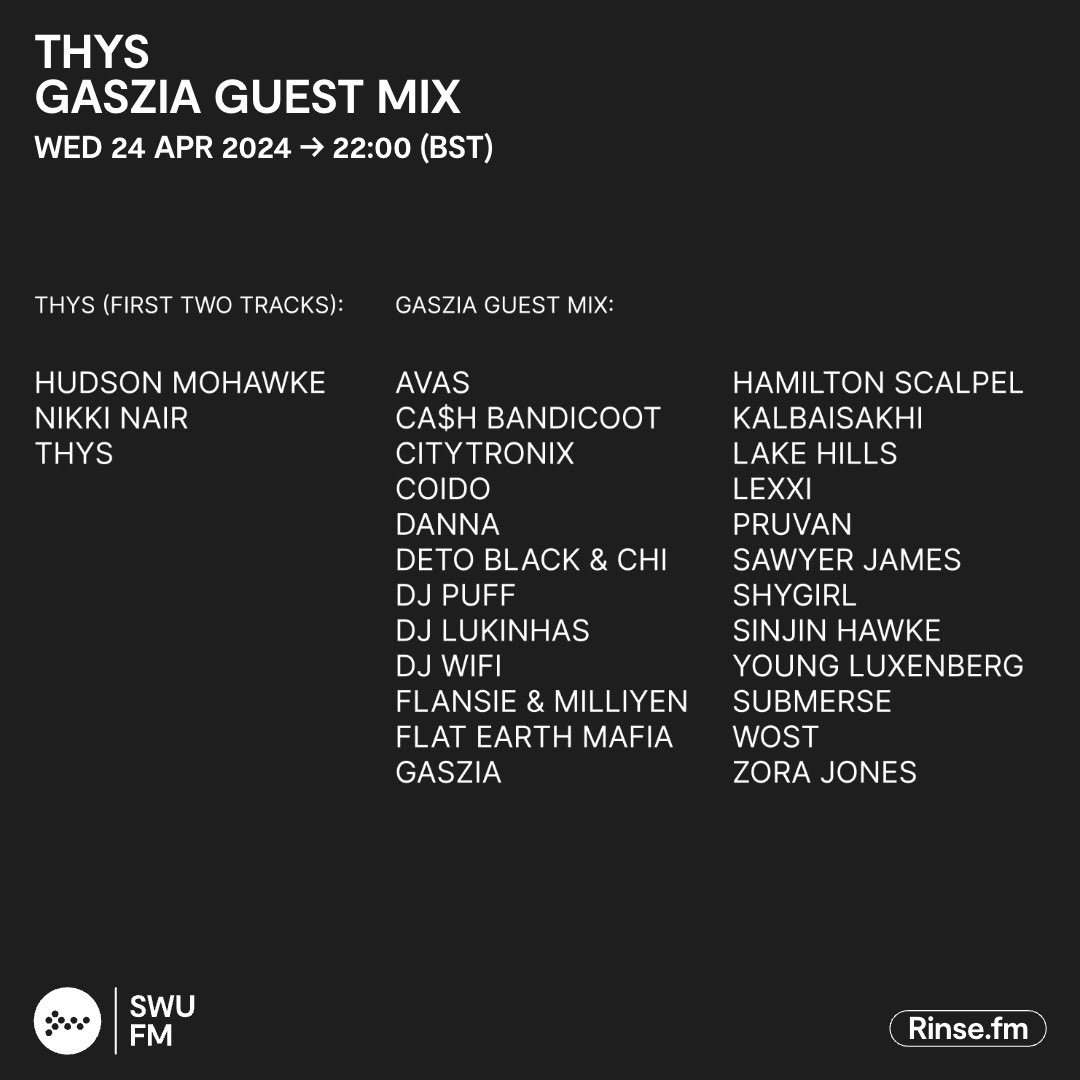 archive of my mix for @ThysMusic / @SWUFM up now - on.soundcloud.com

unreleased from me & tracks from 
@avasdx 
@CASH_BAND 
@CITYTRONIX 
@deft_1 
@sawyerjames_ 
@flansiegtx 
& more