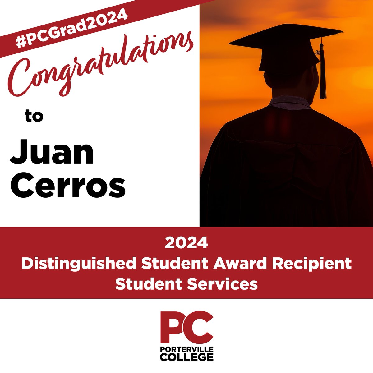 Congratulations to Juan Cerros -- 2024 Distinguished Student Award Recipient in Student Services! #PCGrad2024 #PCStudentSuccess