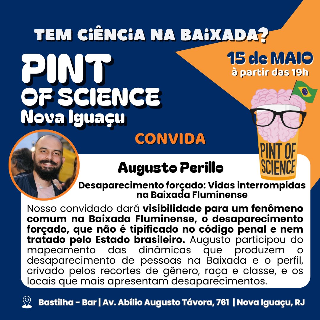 augustoperillo's tweet image. Tem ciência na Baixada? TEM SIM, SENHORA! 

Quarta que vem estarei em Nova Iguaçu, no @bastilhabar, para conversar sobre a pesquisa que desenvolvi junto com colegas da Rural sobre pessoas desaparecidas de maneira forçada na Baixada Fluminense. 

Entrada franca!