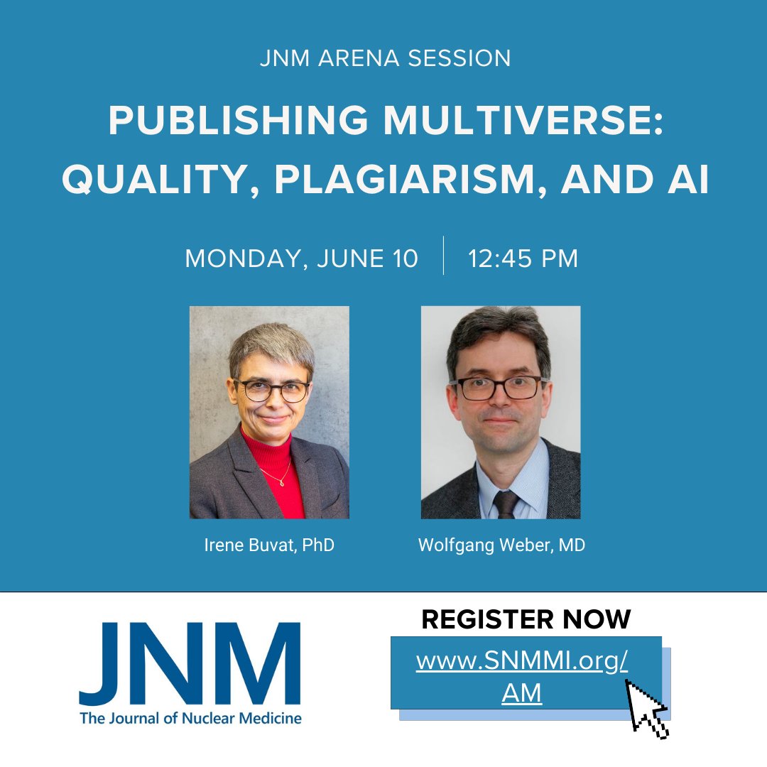 Mark your calendar! Join JNM editors at the SNMMI Annual Meeting on Monday, June 10, from 12:45-2:00 pm for an Arena Session titled “Publishing Multiverse: Quality, Plagiarism, and AI.” snmmi.org/am #SNMMI24 @IreneBuvat @DrMinoshima @CzerninJohannes @mdicarli