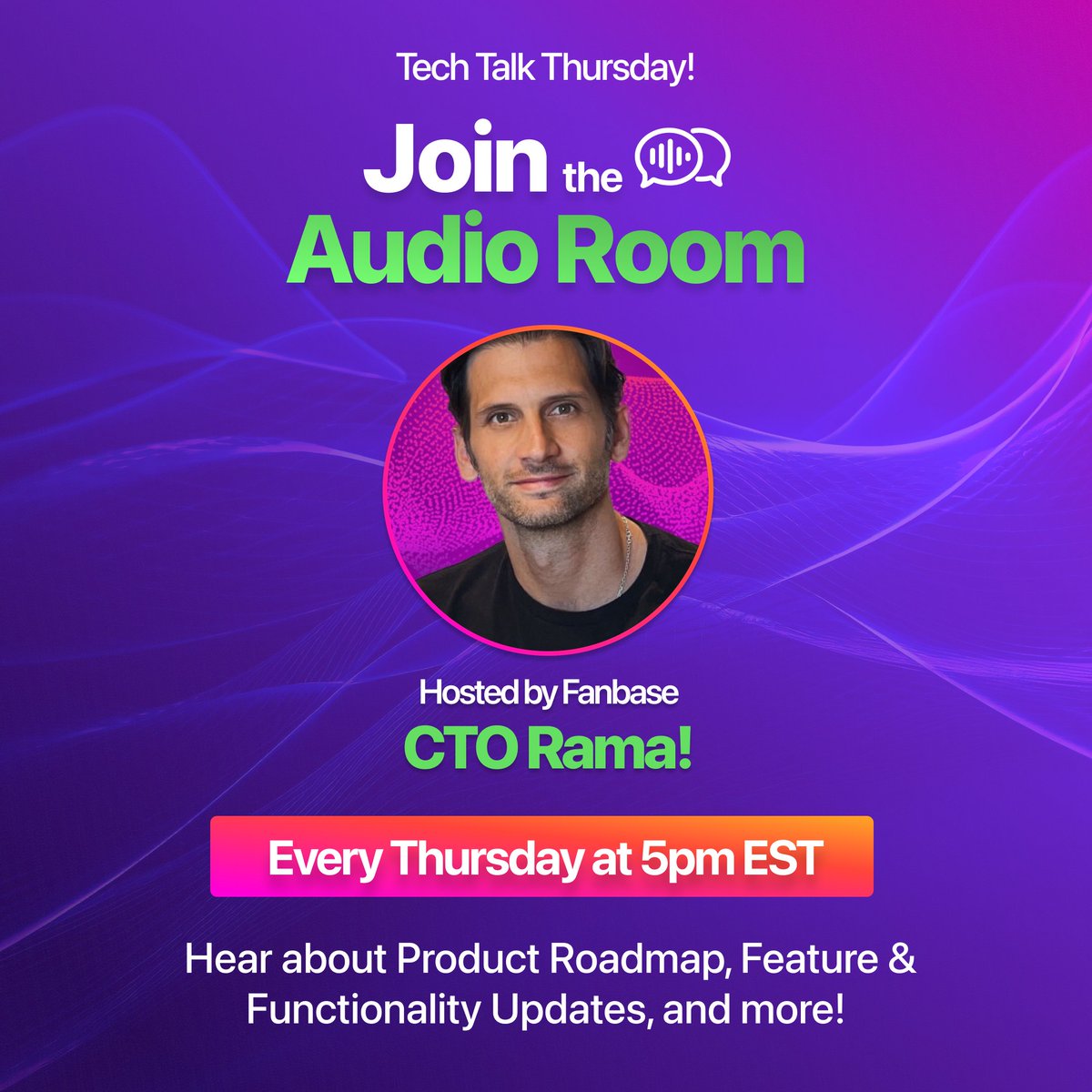A one on one chat with CTO @RamaCanovas?! What more could you ask for? Join Ramiro's exclusive audio room TODAY at 5pm EST! Tune in to hear about all updates regarding Fanbase and what's to come! Tap in: fanbase.app/audio/tech-talk #tech #fanbase #techtalk #app #appdevelopment