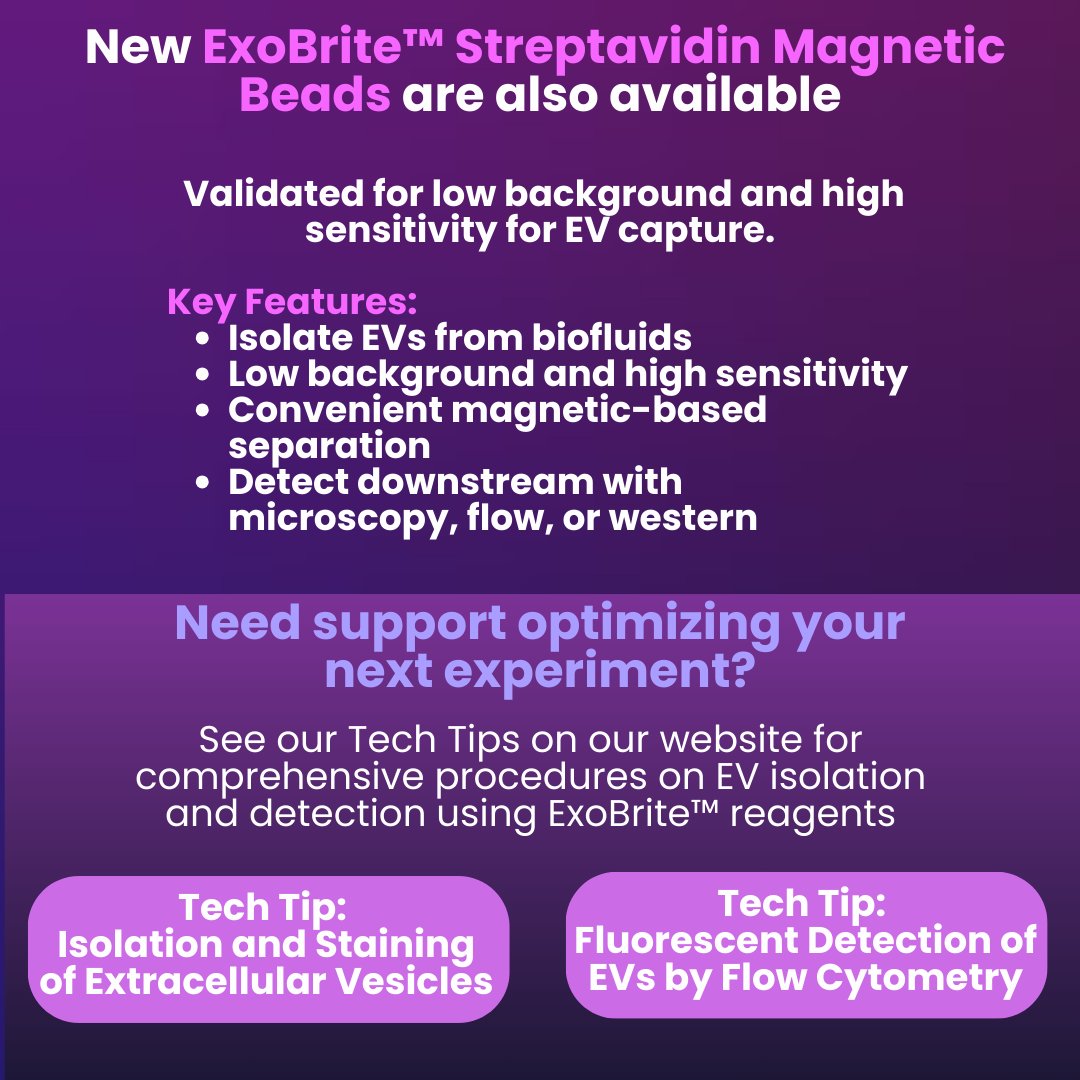 🚨New Product Alert: Our New ExoBrite™ True EV Membrane Stains offer strong signal and near-complete staining of #extracellularvesicles.

Learn more at: biotium.info/4b84Fs7

Full press release: biotium.info/4b9dEJn

#exosomes #labtools #flowcytometry #microscopy #labtools