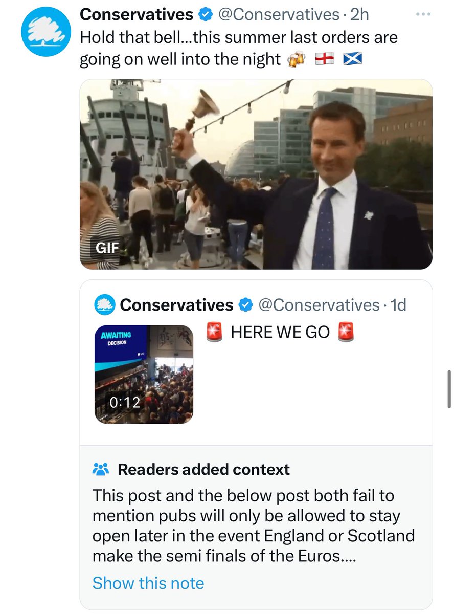 Community Notes are getting silly. A tweet cannot possible qualify everything about any possible subject, so why the community note here. The fact remains that pubs will be allowed to stay open longer during the Euros because of @Conservatives . Under @UKLabour fun will…