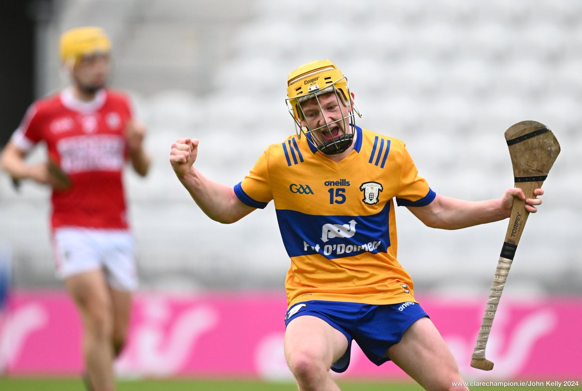 Liam Murphy of Clare celebrates a goal against Cork during their Munster Minor Hurling Championship game at Pairc Ui Chaoimh. Photograph by John Kelly. The score after the first quarter is @GaaClare 1-04 , @OfficialCorkGAA 0-06 @MunsterGAA #GAA