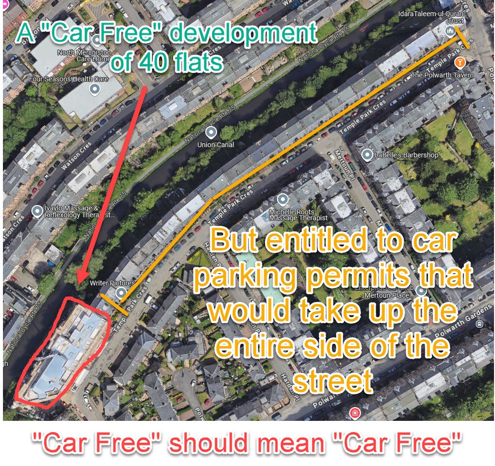 Planners proposed this development of 40 flats should be 'Car Free'. Developer agreed.  ROADS team then said each flat would be entitled to apply for a parking permit. Those 40 cars would take up the entire one side of Temple Park Cresc. 
'Car Free' should mean 'Car Free'