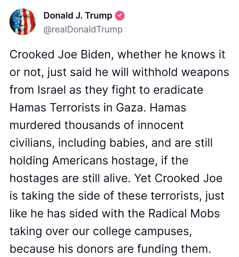 Trump se projeta como candidato pró-Israel e acusa Biden de estar do lado do Hamas. Ironicamente, essa estratégia aumenta a probabilidade de que os manifestantes pró-Palestina nas universidades americanas votem em Biden em novembro.