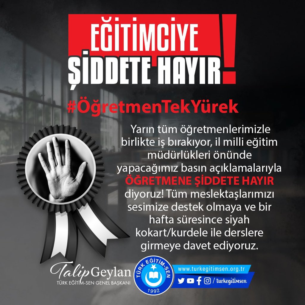 Öğretmen, gördüğü hizmet itibarı ile devleti temsil eder. Görevi başındaki çalışana şiddet, devlete karşı şiddet uygulamaktır. Yetkililer bu gerçeği görmeli ve çalışanını koruyacak yasal ve fiziki tedbirleri almalıdır. 
Şiddete Sıfır Tolerans
#ÖğretmenTekYürek