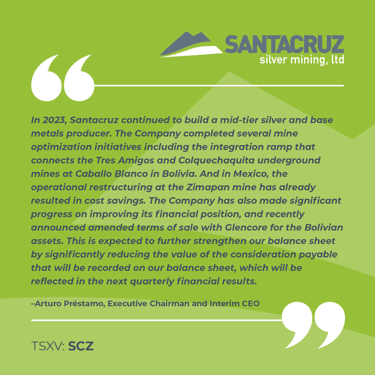 Arturo Préstamo, Executive Chairman & Interim CEO, recently highlighted major milestones we have accomplished in 2023 in our latest news release. Learn more about our Q4 and year end 2023 financial results 👇 bit.ly/3JQFH4B $SCZ #SantacruzSilver #SilverMining…