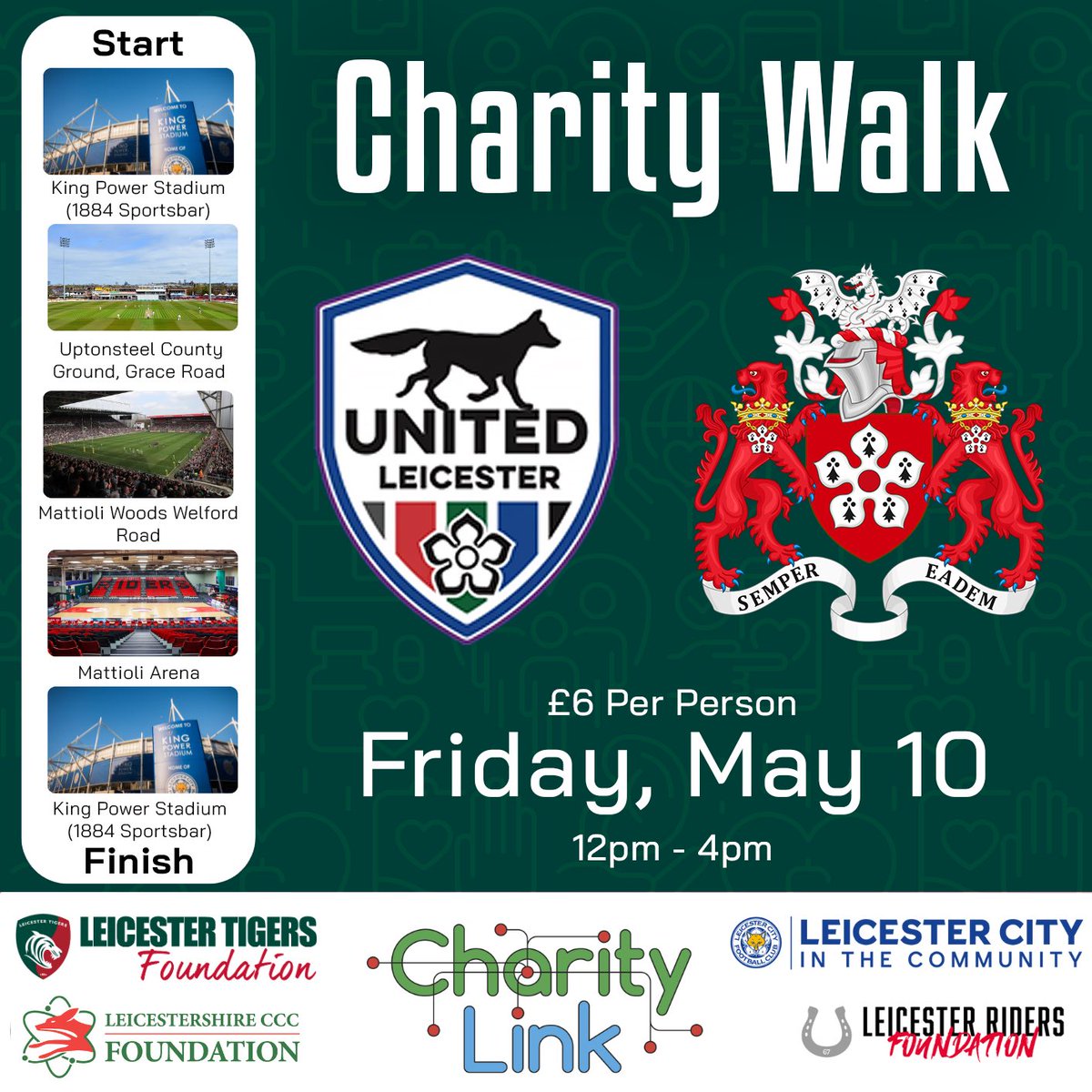 Please join United Leicester’s charity walk on behalf of the Lord Mayor of Leicester, Cllr Dr Susan Barton! All funds raised will be donated to Charity Link, who provide support to those in need of the basics to ensure they are warm, safe and fed. charity-link.org/product/stadiu…